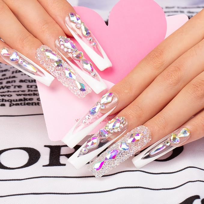 LOVFUL Press on Nails Aurora Light | Handmade with Full Covered Crystals | Reusable Fake Nails | Square Mid length 1.7in | H36-L