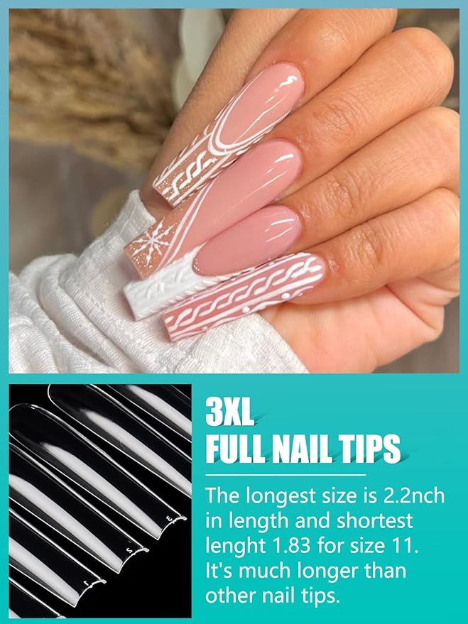 504PCS 3XL Clear Nail Tips for Acrylic Nails Professional, XXXL Extra Long Tapered Square Full Cover Nail Tips, 12 Sizes Ballerina Straight Artificial Press on Fake Nail Tips for Nail Salons Home DIY