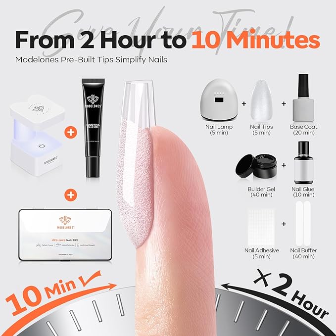 modelones X Nail Gel Kit Square, 15Sizes False Nail Tips Instant Apex Solid Glue & Mini LED Light, Medium Square Pre-Building Thick Acrylic Press on Tips U/V Lamp Extension Kit Women Gift 240Pcs