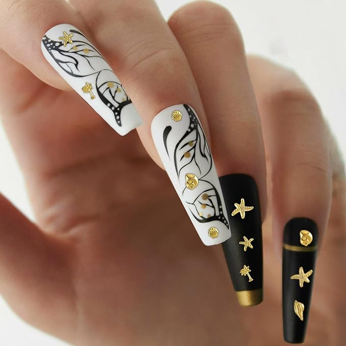 2 Disc Ocean Nail Art Charms, 3D Metal Nails Stickers, Beach Starfish Seashell Decals Manicure DIY Embellishments for Women- Gold
