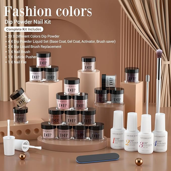 AZUREBEAUTY Dip Powder Nail Kit Classic Brown Nude Collection Glitter Fall 20 Colors Neutral Chocolate Skin Tone Dip Liquid Set with Base/Top Coat Activator French Art Manicure Salon Home