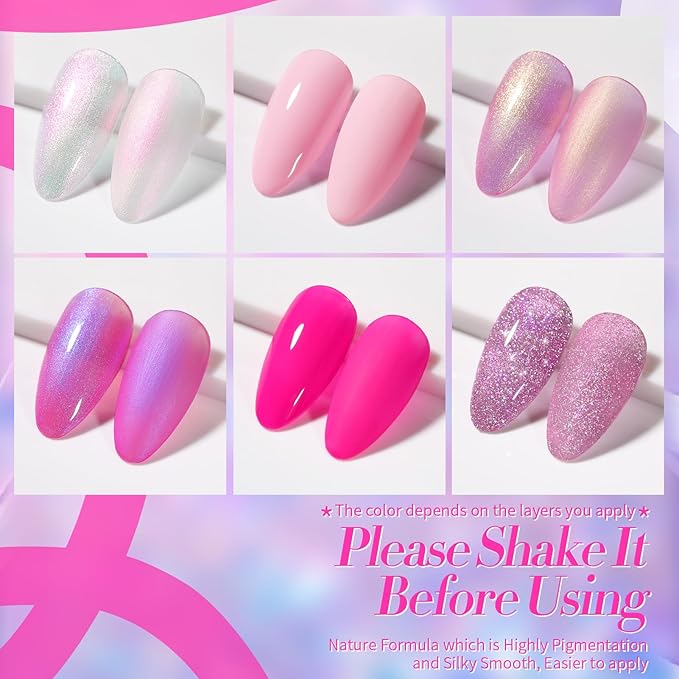 Born Pretty Pink Gel Nail Polish 6 Colors Shimmer Glitter Pearl Mermaid Hot Pink Purple Shades Gel Polish Kit Soak Off Gel Nail Kit Collection Nail Art Gel Manicure Kit DIY at Home Salon Gifts