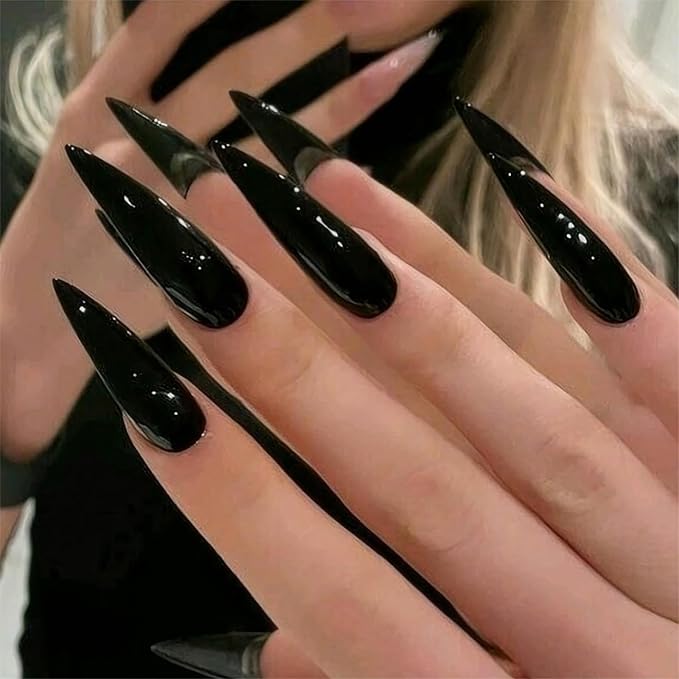 RTKHFZE Black Press on Nails Stiletto Shape Glossy Fake Press on False Nails Acrylic Nails Artificial Nails 24pcs Gift for Women and Girl