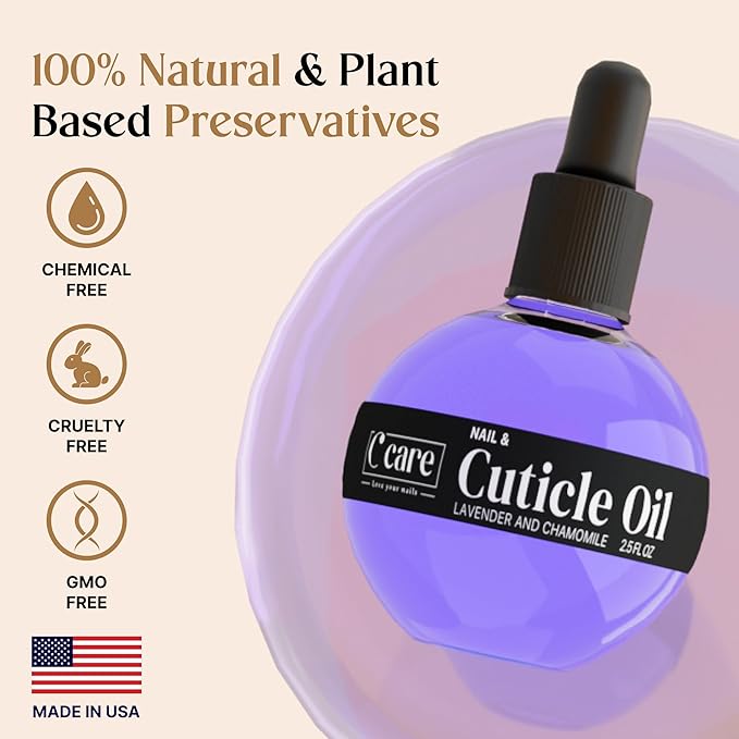 C CARE Cuticle Oil For Nails - Lavender and chamomile Nail Oil - Moisturizes and Strengthens Nails and Cuticles - Dropper & Brush included - Large 2.5 oz bottle