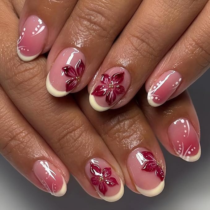 French Tip Press o Nails Short Almond Fake Flower Nails Press Ons with Rhinestones Design Glossy Full Cover False Nails Gradient Glue on Nail Acrylic Stick on Nail for Women Decorations set 24Pcs
