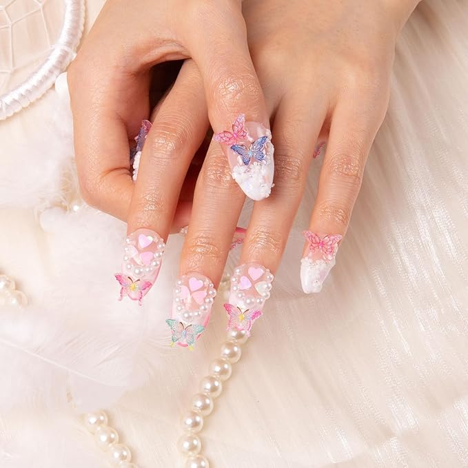 LOVFUL Press on Nails Tipsy Butterfly | Handmade with Full Covered Crystals | Reusable Fake Nails | Almond Regular 1.0 in | H184-S