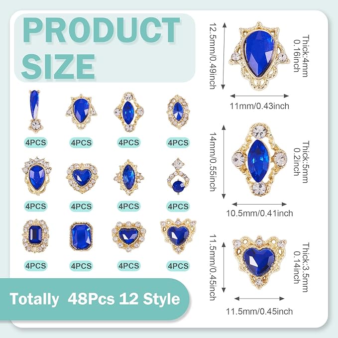 KISSITTY 48pcs Nail Art Rhinestones Flat Back Rhinestone Crystal Cabochons Blue Color Heart Teardrop Rectangle Shape Small Embellishments for Nail Art Craft Decoration Jewelry Making