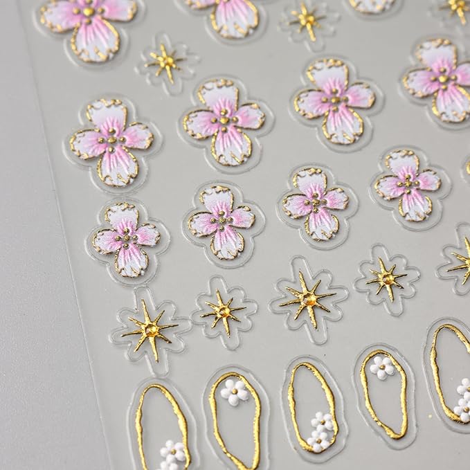 Stickers para Uñas Nail Stickers Self-Adhesive Sticker Gold Pink 3D Wild Flower Calcomanías para Uñas Gold Floral Art Design Accessories Hight Quality 4 Sheets