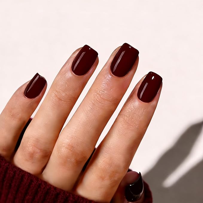Dark Red Press On Nails Square -Short Press On Nails with Nail Glue, Fit Perfectly & Natural Reusable Stick On Nails in 12 Sizes - 24PCS Soft Gel Glue On Nails Kit