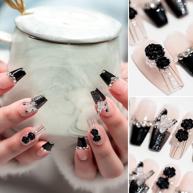 Sun&Beam Nails Handmade Long Coffin Ballerina Nude False Nail Tips with Cute 3D Black Flower Butterfly Diamond Popular Charm Design Press On Nails 10 Pcs (#69 M) (FN-HM-069-M.AU)