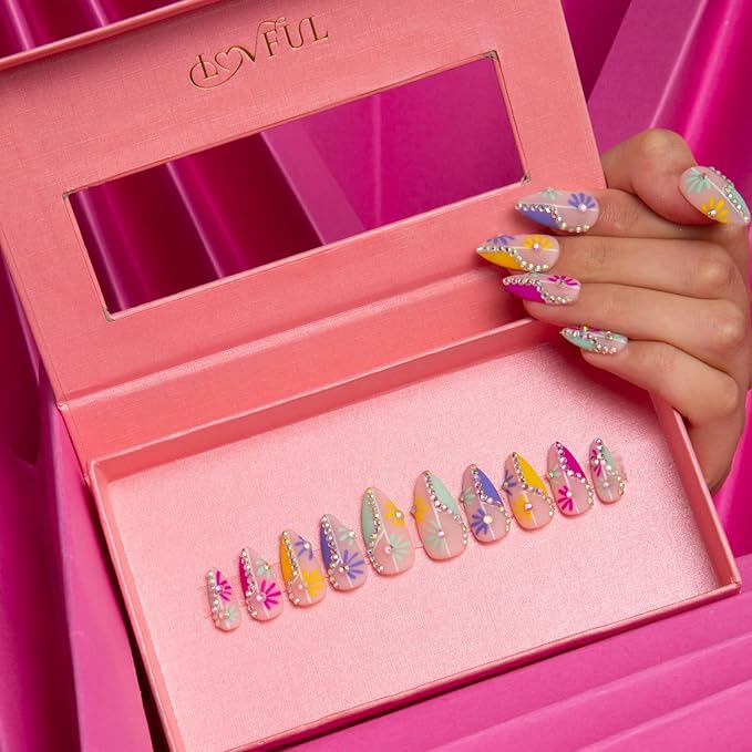 LOVFUL Press on Nails Wild Blooming French Tip | Handmade with Full Covered Crystals | Reusable Fake Nails | Almond Regular 1.0 in | H156-L