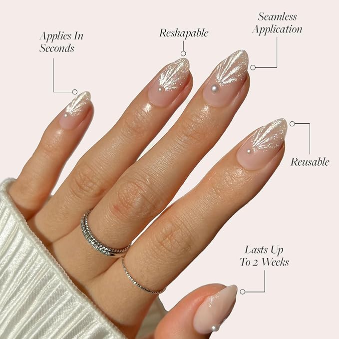Glamnetic Press On Nails - Honeymoon | Short Almond Nude Fake Nails with 3D Nail Art and Glossy Velvet Finish, Salon Quality | 15 Sizes - 30 Nail Kit with Glue