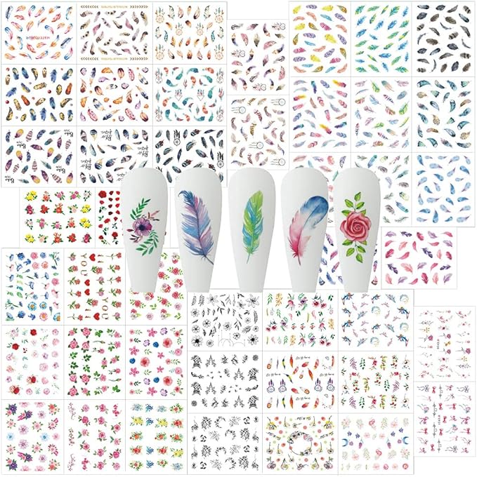WOKOTO 44 Sheets Feather Nail Art Stickers - 3D Nail Decals with Flowers, Animals - Self-Adhesive Flower Nail Stickers for Women & Girls Acrylic Nails