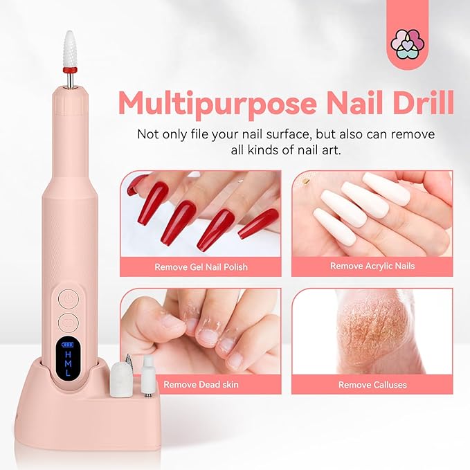 SAVILAND Professional Electric Nail Drill: 20000RPM Cordless Efile Nail Drill Pink Protable Nail File with Base for Nail Grinding & Polishing Gel Acrylic Nails Faster Remover Salon at Home