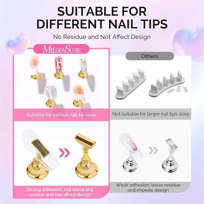MelodySusie Nail Stand for Press Ons, 2 Sets Blue Heart Shape Acrylic Magnetic Base for Practice Display with Brush Holder and 100 Pcs Reusable Double-Sided Tape for Home DIY Salon Supplies