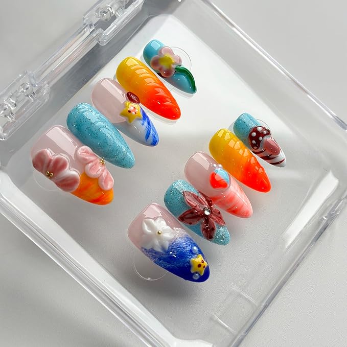 Luxury Press on Nails Medium Almond Handmade 3D Unique Reusable ABS Material Fake Nails French Tip False Nails with Designs Mushroom Floral Summer Glossy Glue on Nail Thick Acrylic Nail(M)
