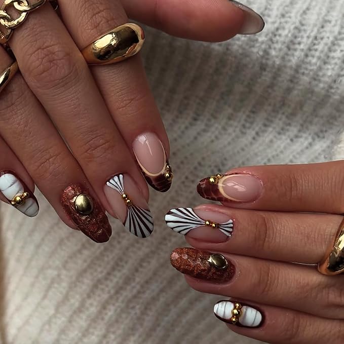 Press on Nails Short Oval MABKJLF Fake Nails False Nails with Tortie Designs Fall Winter Glossy Glue on Nail Brown Acrylic Nails for Women Girls 24Pcs