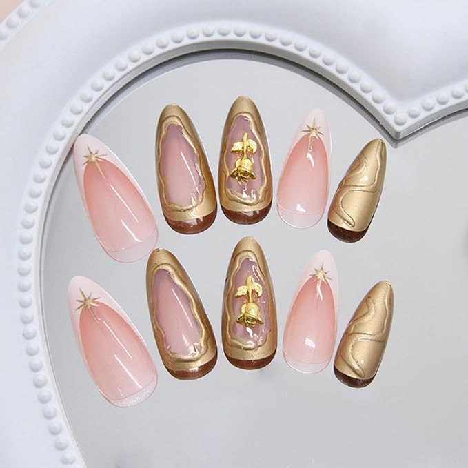 Almond Press on Nails Medium Fake Nails French False Nails Gold Artificial Nails with 3D Flowers Designs Acrylic Nail Press ons Glitter Stick on Nails for Women 24pcs