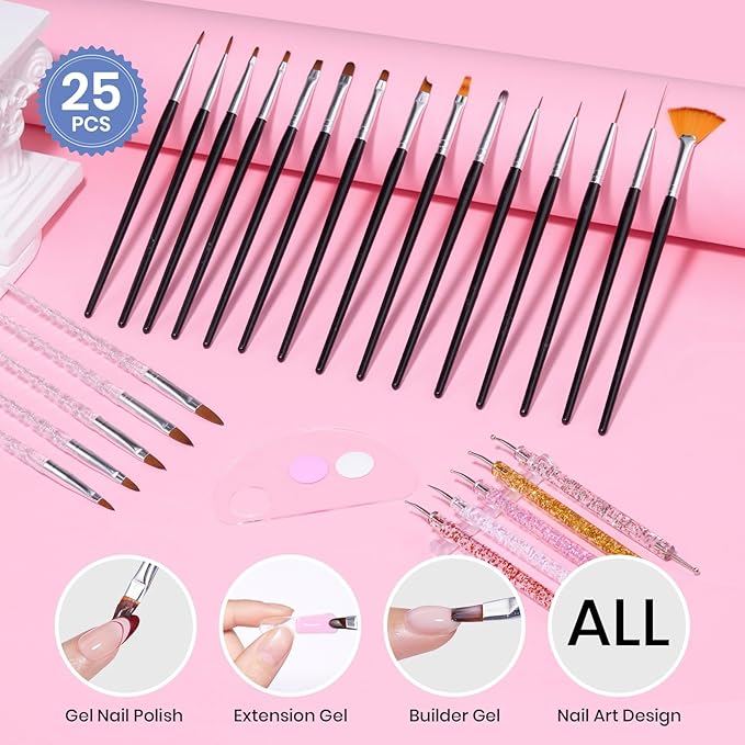 Beetles Nail Art Brushes 25pcs - Confetti Nail Art Pens Daul Ended Dotting Tools Striping Liner Brushes for Nails Flower Sculpting Tools with Palette Brush Holder DIY Home Salon Manicure Design Set
