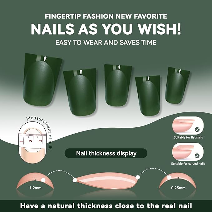 Green French Press on Nails Short Duckbill - Matte Dark Green with Glossy French Tip Fake Nails, Soft Gel Reusable Fall Autumn Acrylic False Stick On Nails for Women Gift, 30PCS 15 Sizes