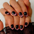 Cat Eye Press on Nails Short, Chrome Press on Nails Oval, Thick Glazed Black Baby Pink Fake Nails Press ons for Women Party Prom, Reusable Glitter Glue On Nails Almond in 15 Sizes, 30 Pcs