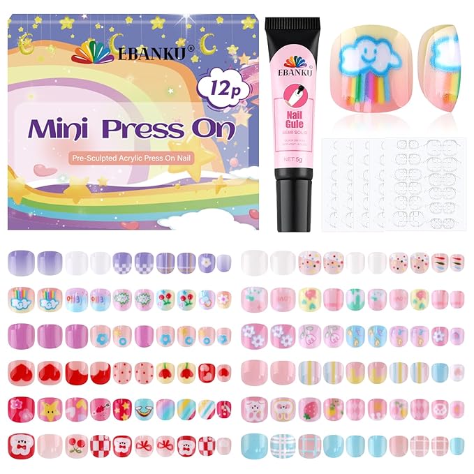 288 Pcs Mini Kid Press on Nails, EBANKU False Nails Kids Press on Nails Glue Full Cover Acrylic Nail Tip Kit for Children Little Girls