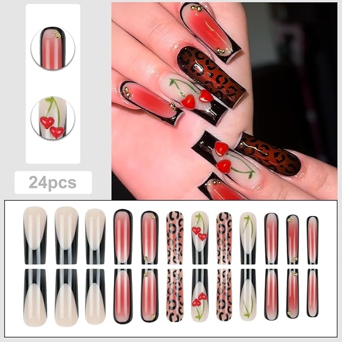 Square Press on Nails Long Red Fake Nail Leopard with 3D Cherry Design Acrylic Nail Press ons Gold Charm Stick on Nail for Women 24pcs