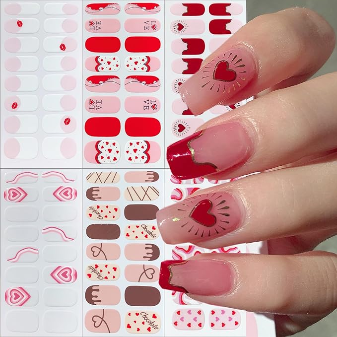 6 Sheets Valentines Day Nail Stickers Romantic Pink Red Heart Full Wrap Gel Nail Strips Self-Adhesive Red Lips French Tip Nail Polish Strips Cute Holiday Gel Nails Decals for Women Acrylic DIY