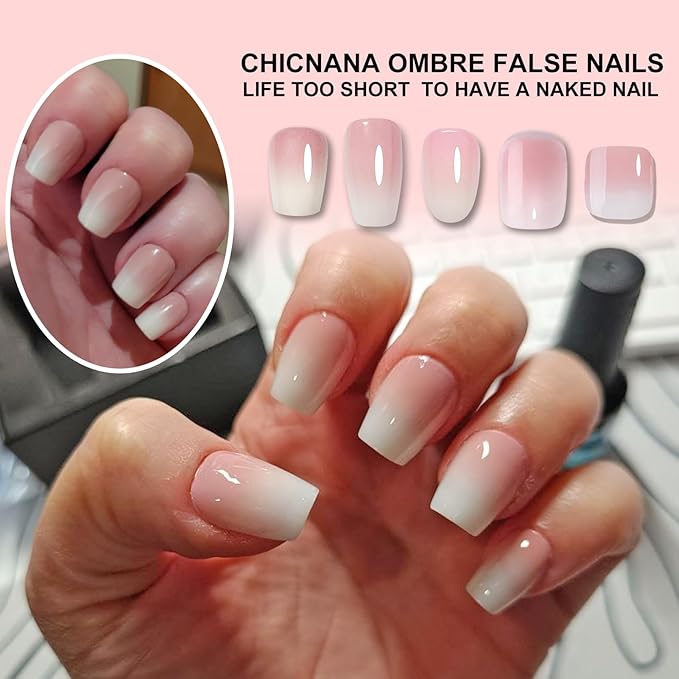 Ombre Press On Nails - 240Pcs Short Square False Nails Kit, Pink White Gradient Nail Tips Soft Gel False Nail with Glue Salon Fake Nails Kit Extensions DIY (Medium Long Square)