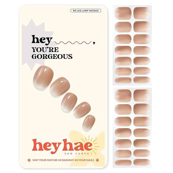 Heyhae Semi Cured Gel Nail Strips | No LED Lamp Needed | Ombre, Nude | Easy Apply & Remove, Salon Quality | Includes 28 Strips, 1 Prep Pads, Nail File & Wooden stick - Hey, You're Gorgeous