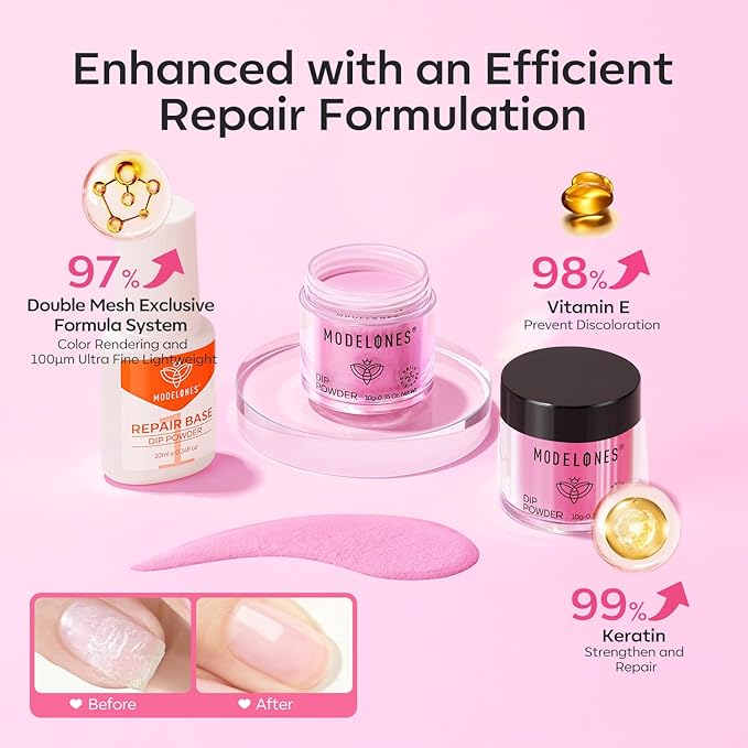 Modelones Dip Powder Nail Kit, 4 Colors Pink Glitter Spring Summer Dipping Starter Set with Liquid and Complete Accessories for French Nails Art Salon DIY at Home Manicure