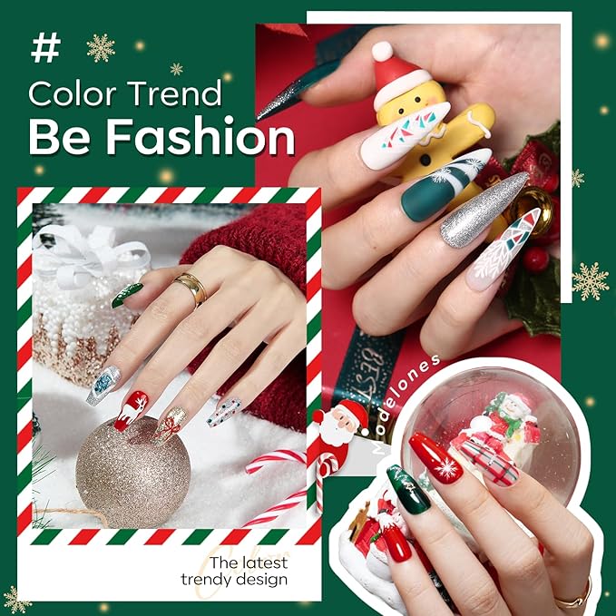 modelones Christmas Gel Nail Polish Set, 6 Colors Winter Red Glitter Dark Green White Gold Silver Gel Polish Kit Soak Off Nail Art Manicure Home Gift for Women Girls