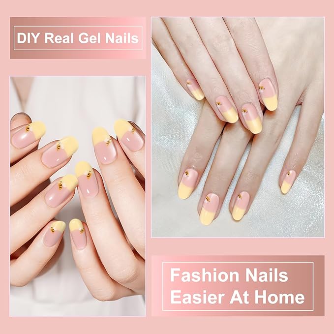Semi Cured Gel Nail Strips,28 pcs French Gel Nail Stickers with UV Light Required,Long Lasting Nail Art Stickers, Easy to Apply（French Yellow）