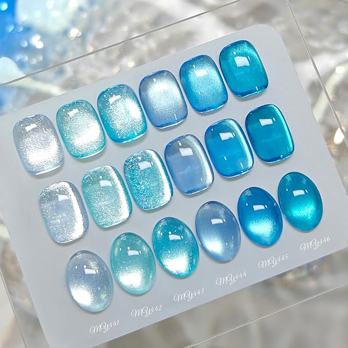 Born Pretty Blue Cat Magnetic Eye Gel Nail Polish Set,6 Colors Spring Summer Blue Shimmer Glitter Crystal Glass Magnetic Gel Polish Soak Off U V Nail Gels DIY Art for Women 7ML