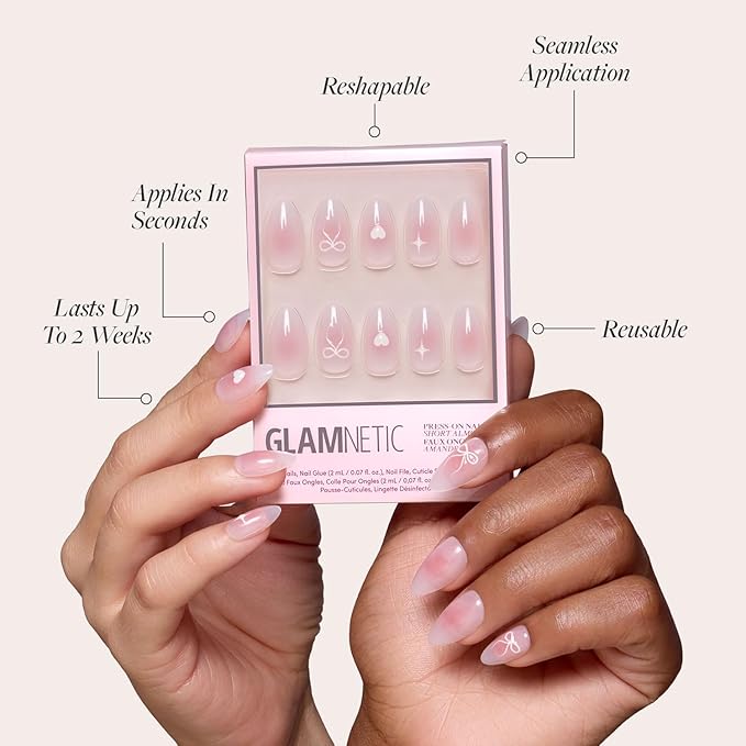 Valentines Day Glamnetic Press On Nails - Lovers Knot | Glossy, Semi-Transparent, Short Almond Nails, Salon Quality | 15 Sizes - 30 Nail Kit with Glue