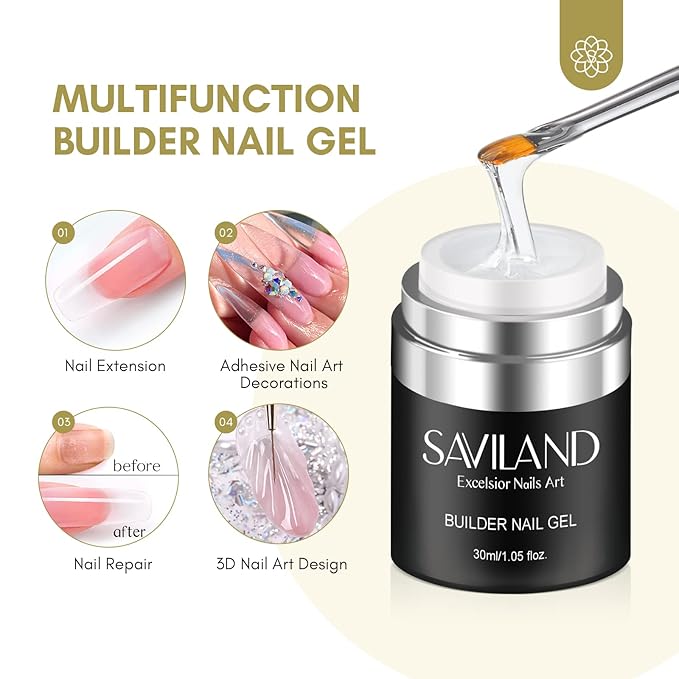 SAVILAND Builder Gel for Nails: 30ml Clear Hard Gel for Extension, Builder with Air Cushion Builder Base &Nail Strengthener Art Manicure Set 100pcs Nail Forms and Acrylic Brushr Thickening Home Use