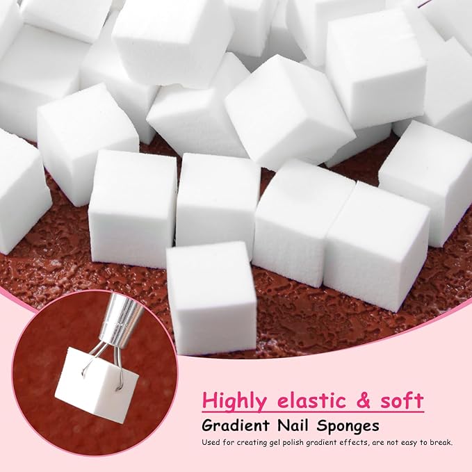 300-Piece White Cube Nail Sponges for Ombre, 1 Silver Metal Clip Pens for Grabbing Nail Art Sponge, 1 Ombre Nail Brush for Nail Art