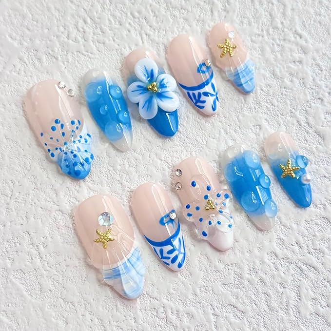 Luxury Press on Nails Medium Almond Handmade 3D Unique Reusable ABS Material Fake Nails Blue French Tip False Nails with Designs Flower Starfish Art Petal Glossy Glue on Nails Thick Acrylic Nails(S)