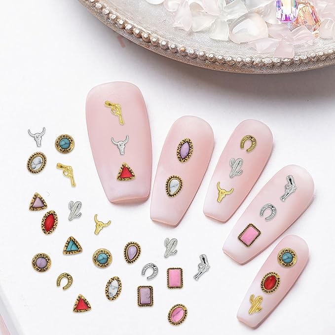 50 PCS Western Nail Charms Turquoise Gems - Mix Color 3D Vintage Turquoise Nail Charms, Retro Cowboy Gemstones Western Art Ornament for Women Daily DIY