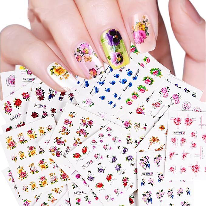 55 Sheets Flowers Nail Art Stickers, Holographic Floral Butterfly Bird Nail Art Decals, Small Flower Water Transfer Nail Decal Designs Supplies for Women Girls Manicure Decorations Nail Sticker Set