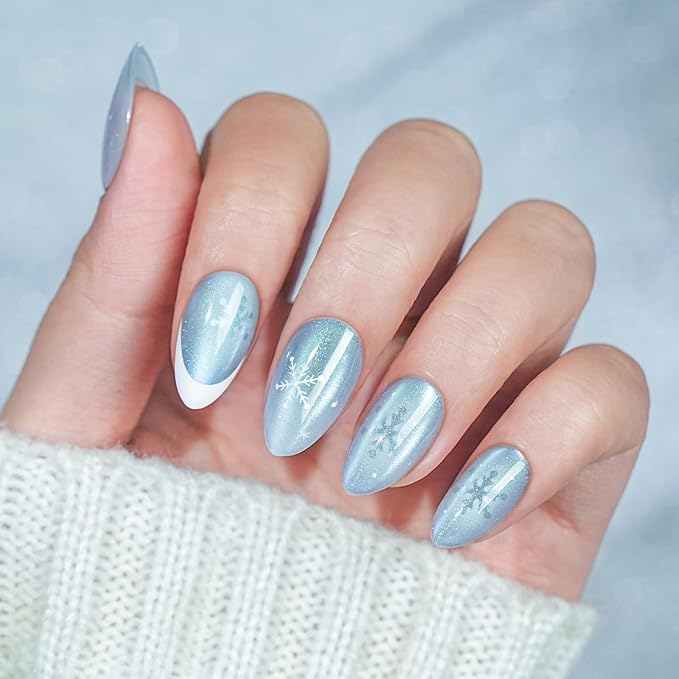Winter Press On Nails Almond - Jofay Fashion Blue Aurora Cat Eye Snowflake Press On Nails, Acrylic Fake Nails with Glue, Reusable Soft Gel Glue On Nails for Women in 16 Sizes, Stick On Nails Kit