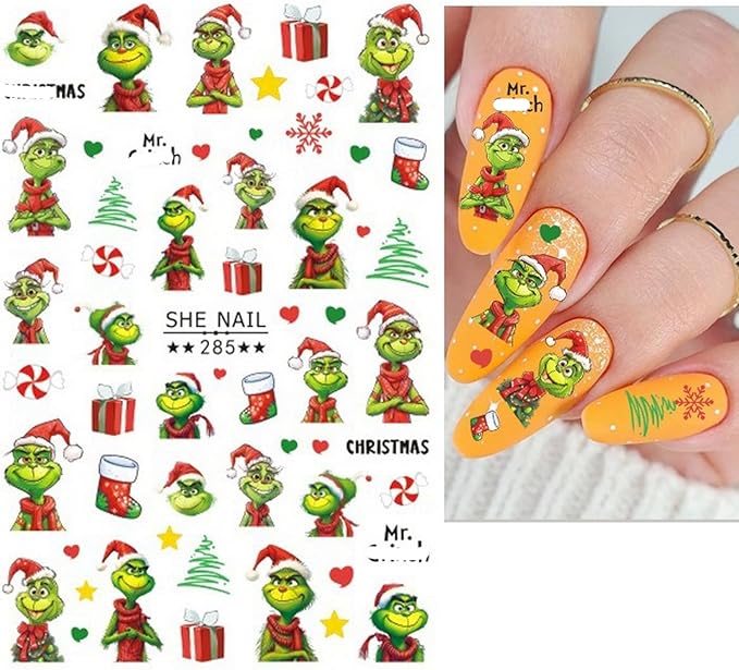 6 Sheets Christmas Nail Art Decals 3D Self-Adhesive Cartoon Xmas Nail Stickers Design WinterXmas Funny Green Monster Nail Decals Christmas Nail Decals Supplies for Women Nail Art DIY Manicure