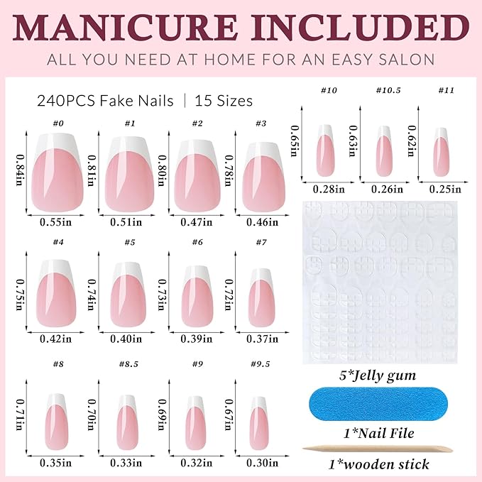 240PC White French Tip Press on Nails Short Fake Nails Press ons with 5*Adhesive Tabs, Pink Coffin Acrylic Nail Press on Nail French Tip Nails False Artificial Fingernails Stick on Nails-B