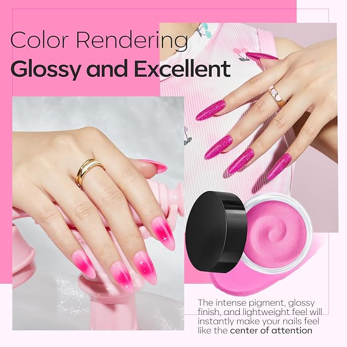 Modelones Dip Powder Nail Kit, 4 Colors Hot Pink Rose Glitter Dipping Starter Set with Liquid and Complete Accessories for French Nails Art Salon DIY at Home Manicure