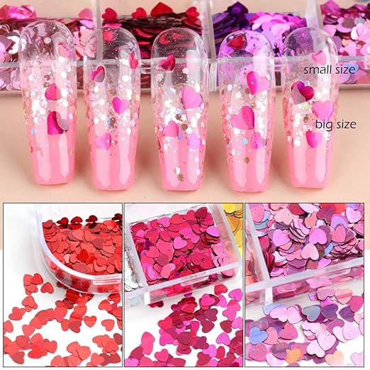 12 Colors Heart Holographic Nail Glitter Sequin Accessories Colorful 3D Nail Flakes Powder UV Gel Polish Acrylic Design for Women Girls Manicure Tips False Nails Supplies Kit Decorations