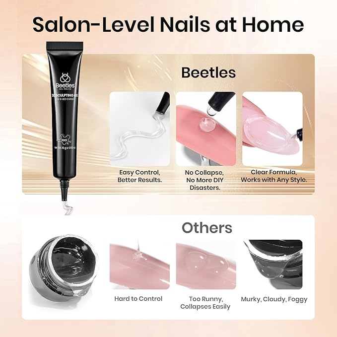 Beetles Sculpting Gel 3D Gel Nail Art 3 in 1 Clear No Wipe Nail Polish Rhinestone Art Glue Gel for Drawing, Molding, Gems and Decoration with Golden Chrome Nail Powder for DIY Nail Designs, 15g