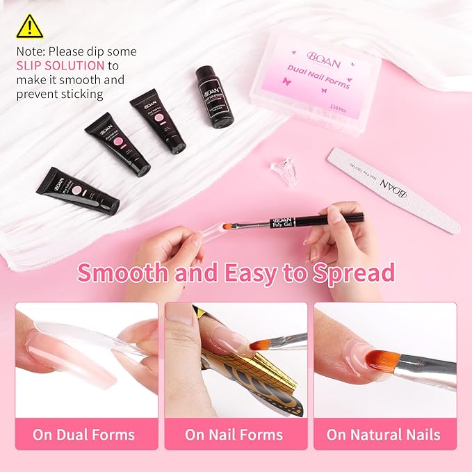 BQAN Poly Nail Gel Kit,3 Colors Poly Extension Gel With Dual Forms Builder Extension for Nail Tech DIY at Home Manicure Set (Pink&Nude)