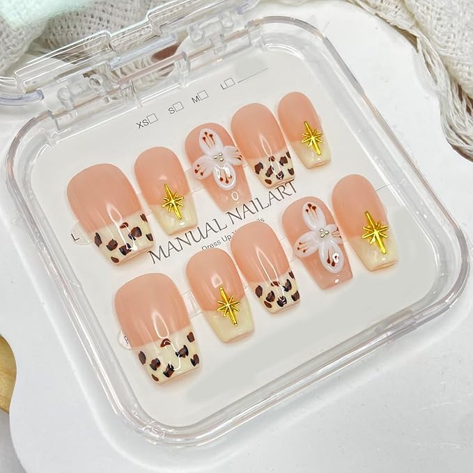 Handmade Press on Nails French Tip Leopard Print Press on Nails Short Coffin Fake Nail Designs Flower False Nails Full Cover Artificial Acrylic Glue on Nails for Women Girls Stick on Nails (Size M)