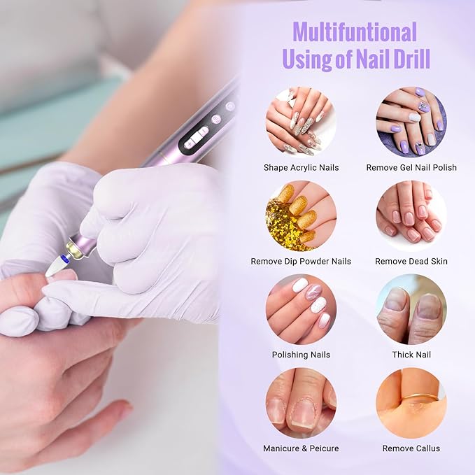 Cordless Electric Nail Drill Machine, 13 in 1 Nail File Kit 35000RPM Professional Portable Rechargeable E File for Acrylic Polish Gel Removal Manicure Pedicure Set with 5 Speeds Violet