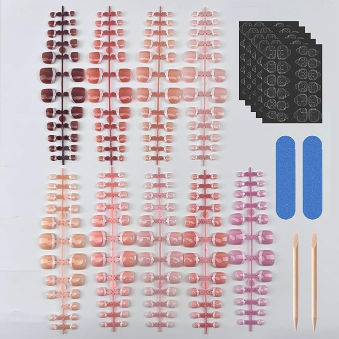 216 Pcs White French Tip Press on Toenails Short Square Fake Toe Nails Nude Glossy Acrylic Glue On Toe Nails Full Cover False Toenail Tips Stick on Toenails for Women Foot Manicure Kit 12 Size